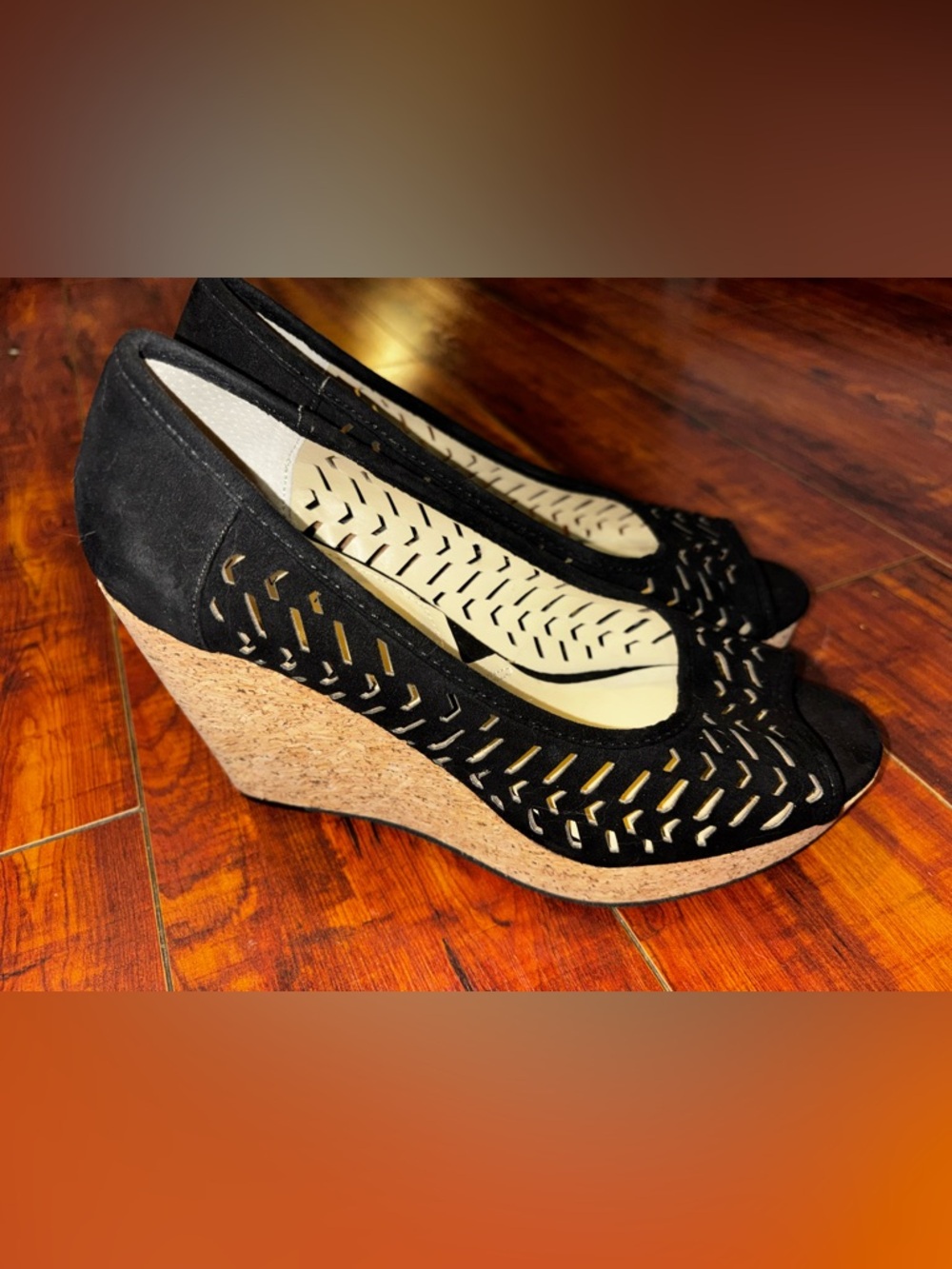 Adrienne Vittadini Black Suede Peep-Toe Cork Wedge Heels Sz 8.5
